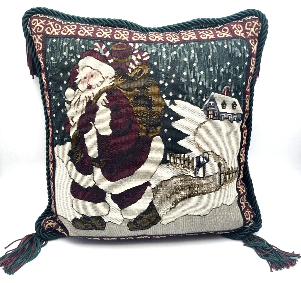 Vintage Christmas Santa Tapestry Decor Pillow Corduroy Back Red & Green Tassels